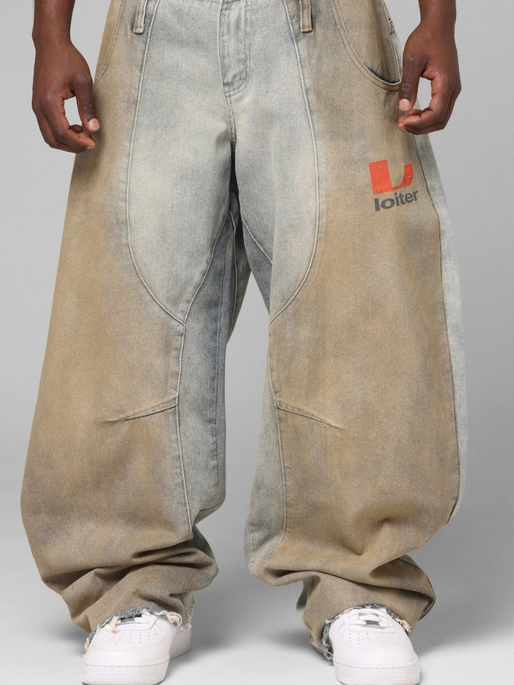 Relaxed Two-Tone Beige/Gray Baggy Jeans with Logo
